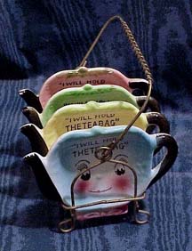 VINTAGE TEAPOT FACES TEA BAG HOLDERS/RACK 